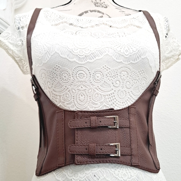Brown wide waist belt faux leather corset harness buckle suspenders steampunk - Picture 11 of 16